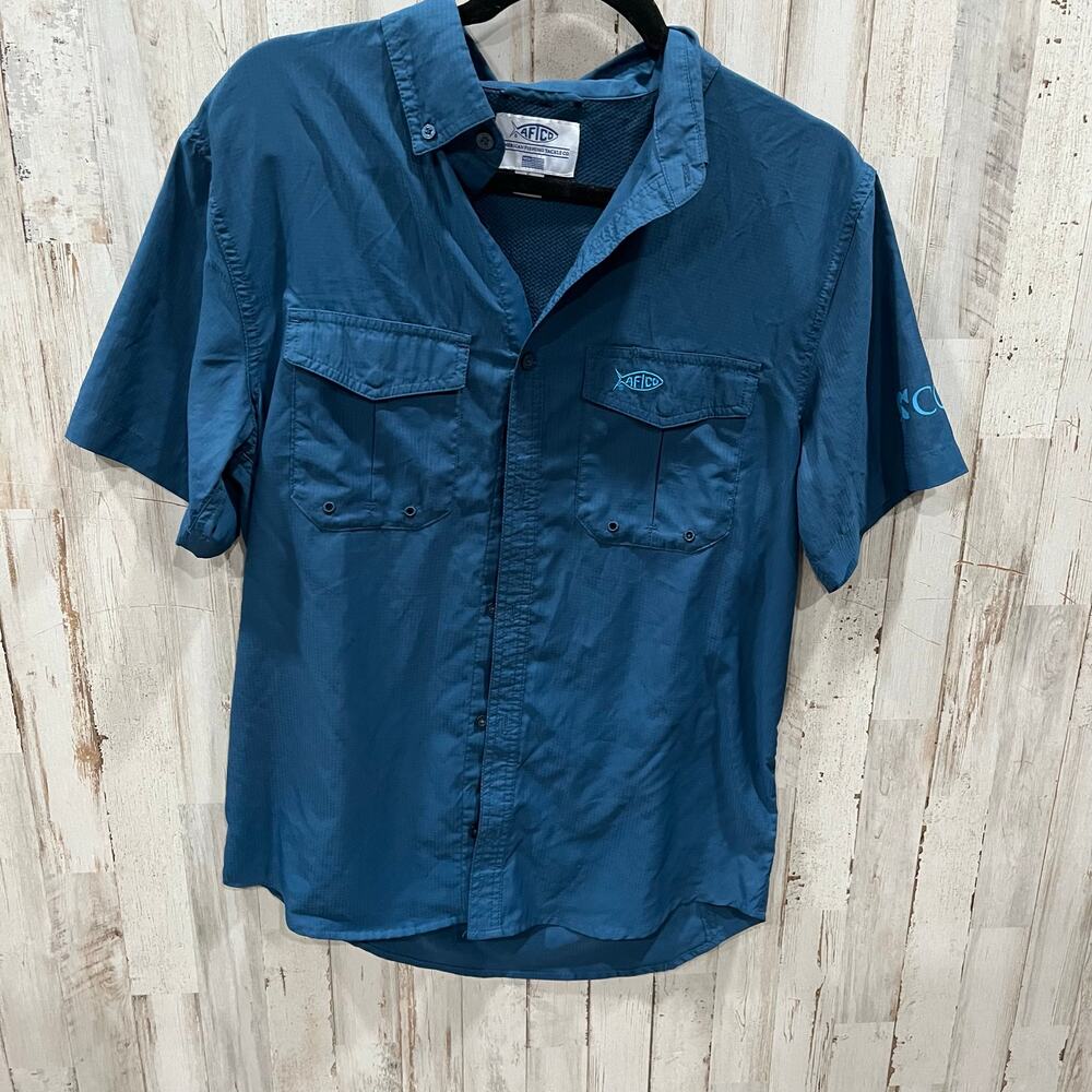 Aftco Blue Short Sleeve Button Up Vented Fishing Shirt Mens Size Small